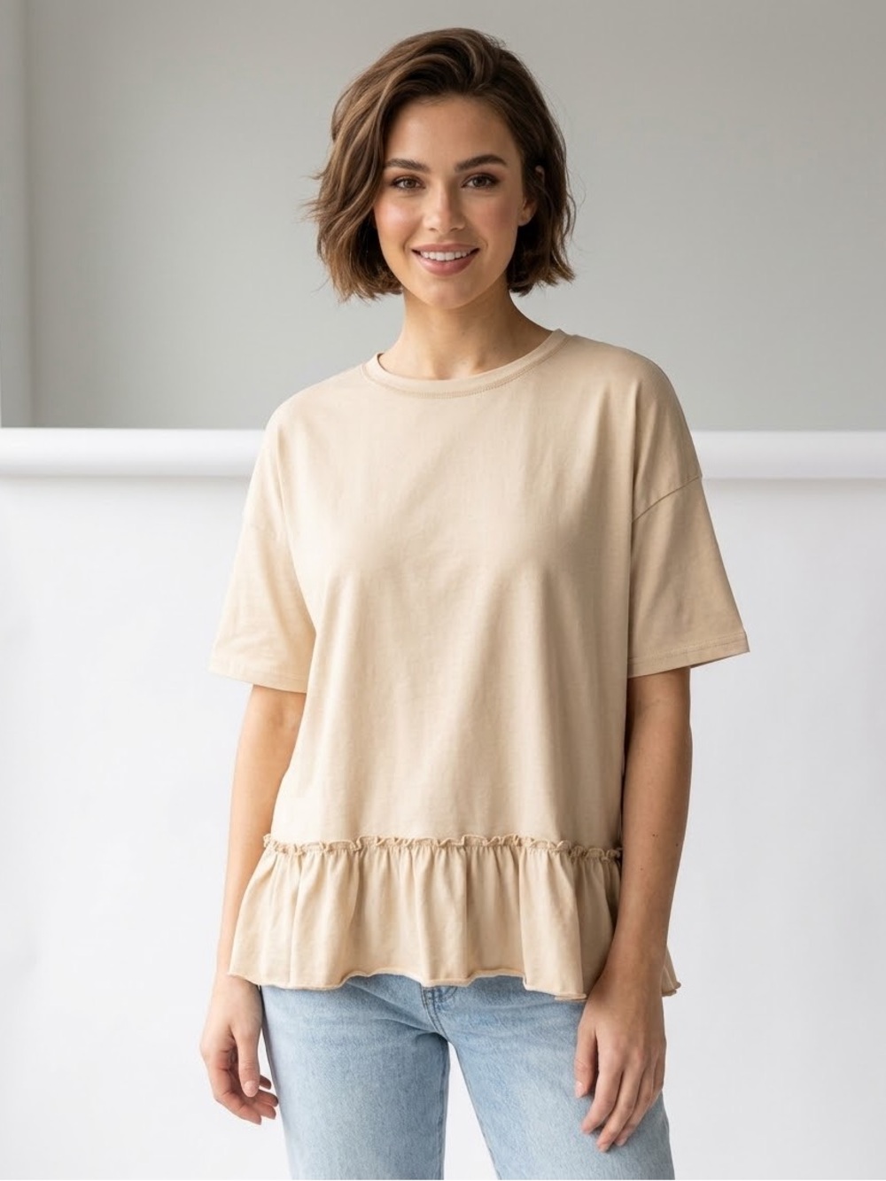 Dokotoo Womens Beige Ruffled Peplum Top L Short Sleeve Babydoll Tee Cotton